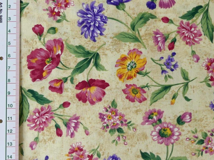 Preview: Patchworkstoff mit vielen bunten Blumen  non Timeless Treasures. Detailansicht mit Maß.