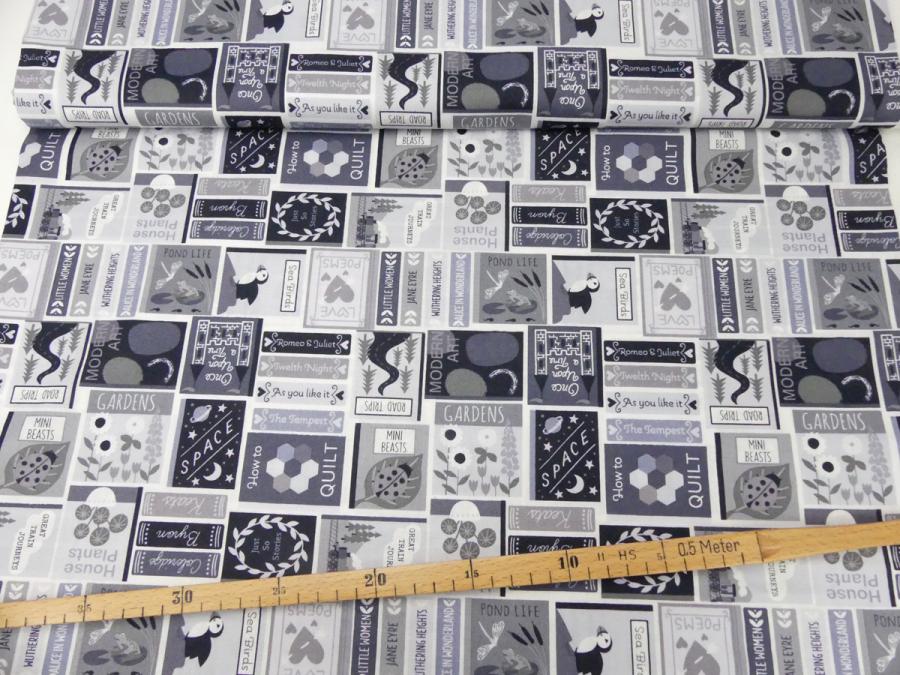Preview: Stoff für Patchwork mit blaugraue Buchcover und Bücher aus der Serie Bookworm