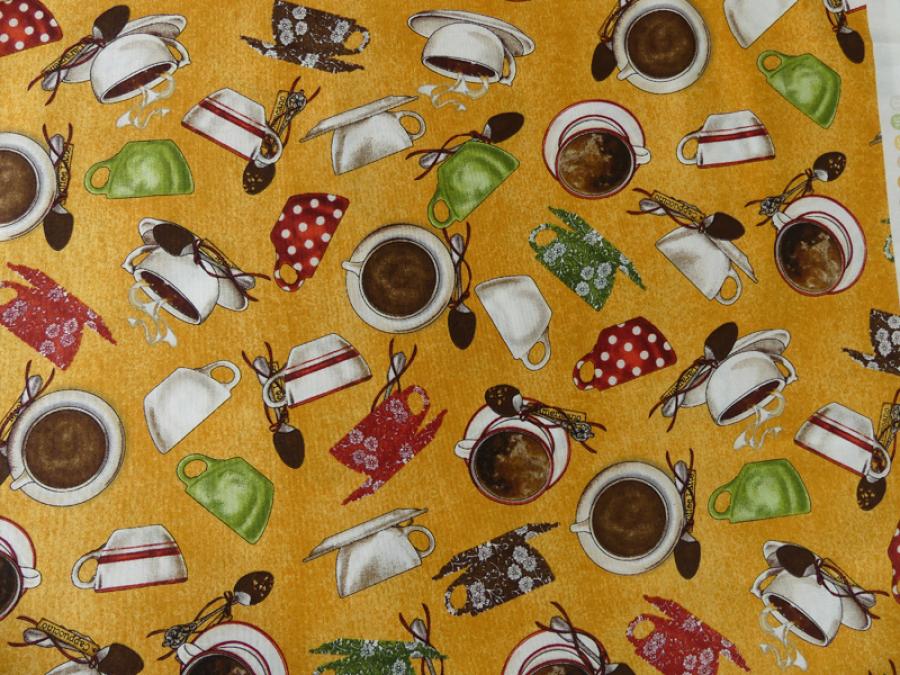 Preview: Stoff mit bunten Tassen auf gelbem Untergrund von Quilting Treasures aus der Serie Daily Grind.
