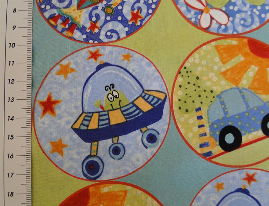 Preview: Patchworkstoff mit Raketen, Flugzeuge und Autos auf petrol.  Von Extraordinary.  Detailansicht mit Maß.