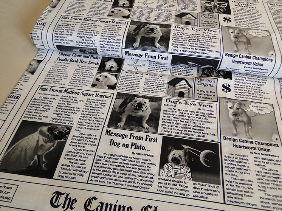 Patchworkstoff in Zeitungsoptik mit Texten und Bildern zum Thema Hund und Hundehalter.