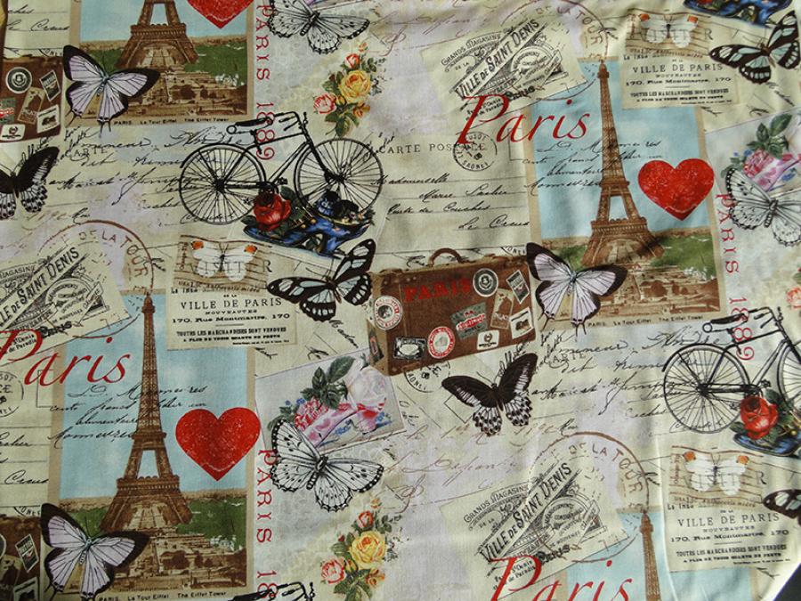 Preview: Romantischer Patchworkstoff von Timeless Treasuresmit Fahrrad, Blumen, Herzen in Paris.
