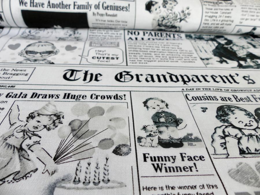 Preview: Patchworkstoff von Timeless  Treasures in Zeitungsoptik zum Thema Großeltern und Enkelkinder. Ausschnitt.