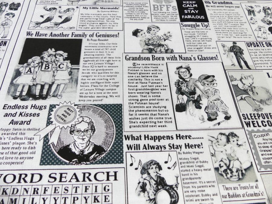 Preview: Patchworkstoff von Timeless  Treasures in Zeitungsoptik zum Thema Großeltern und Enkelkinder. Nahansicht.