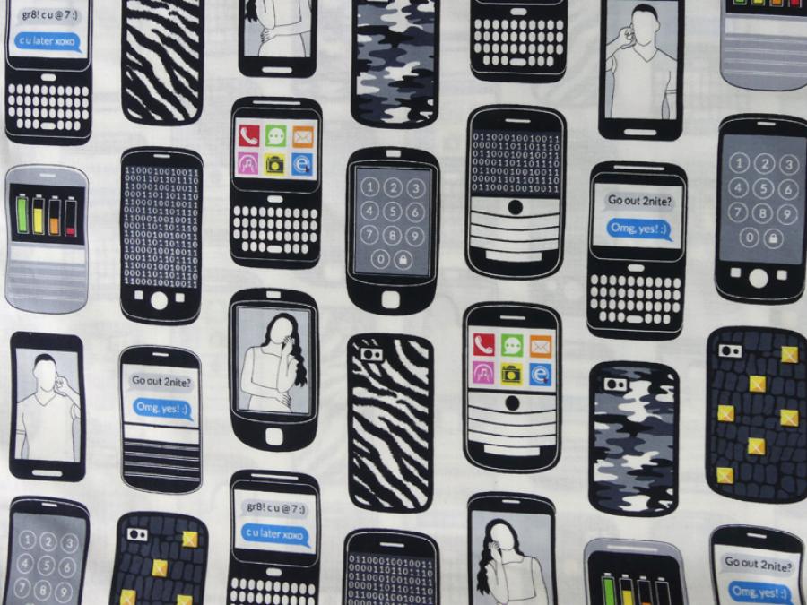 Preview: Stoff von Windham Fabrics mit Handy,  Mobiltelefon, Telefonen auf weiß.