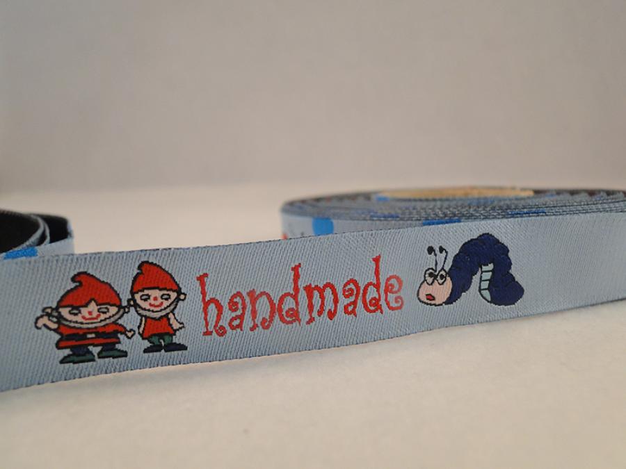 Preview: Webband Handmade blau mit Wurm, Zwerge und Marienkäfer