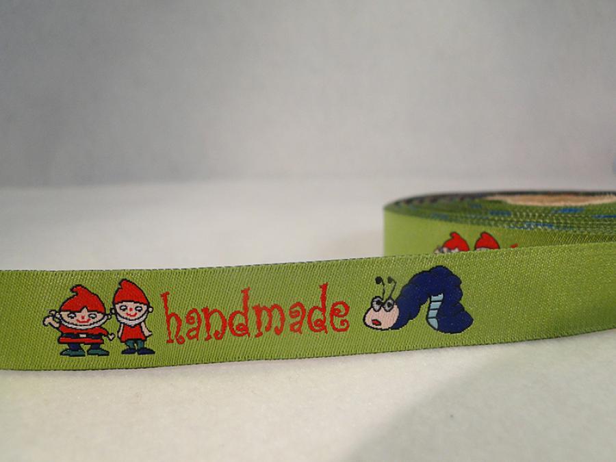 Webband Handmade grün mit Wurm, Zwerge und Marienkäfer