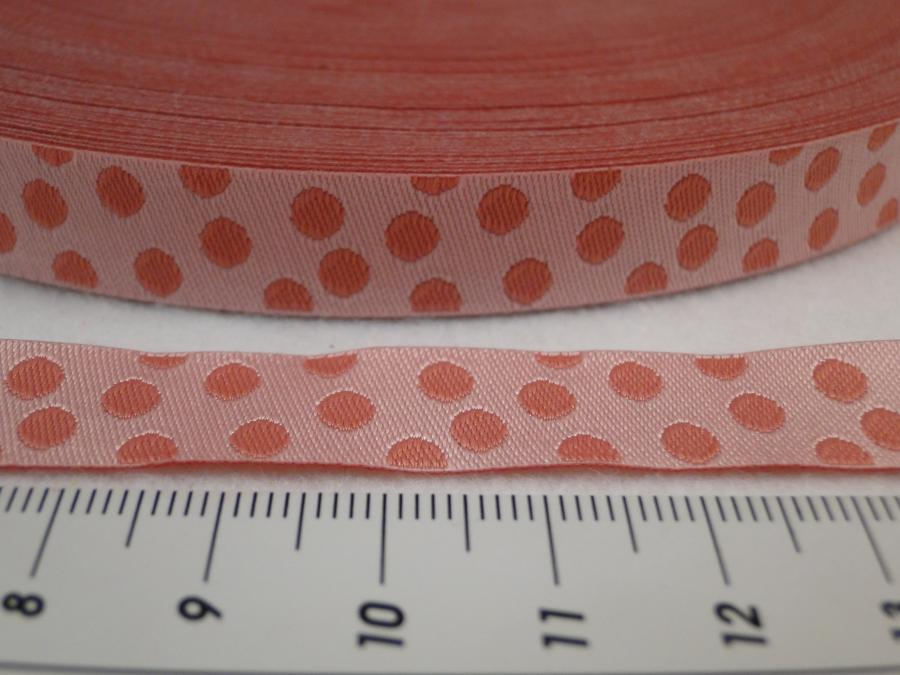 Preview: Webband rosa mit rosa Punkten Ton in Ton. Detailansicht mit Maß.