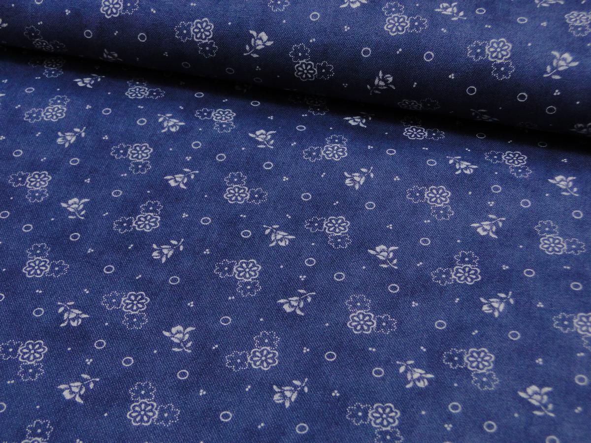 Patchworkstoff, Meterware. Kleine weiße Blüten auf blauem Untergrund. Lexington von Moda.
