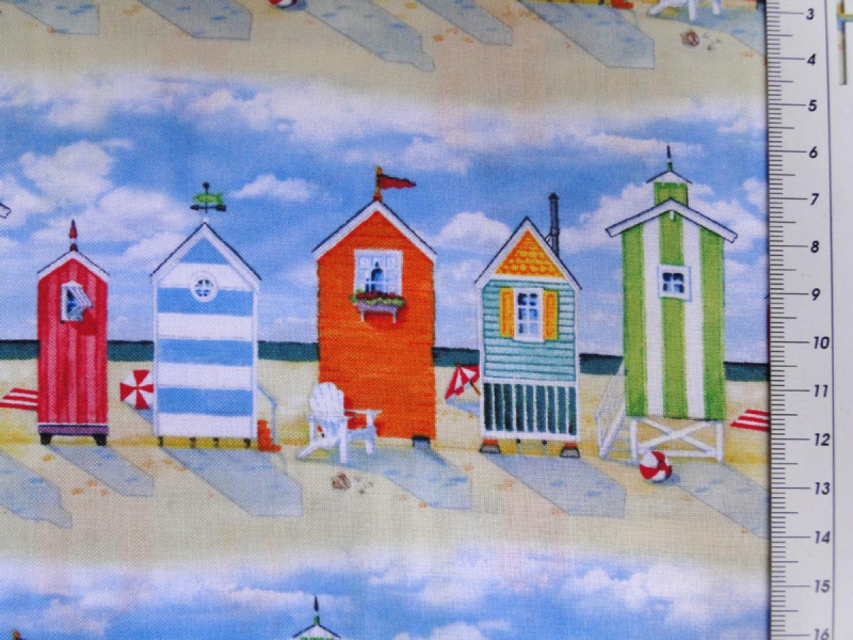 Patchworkstoff. Badehäuschen. Detailansicht mit Maß.
