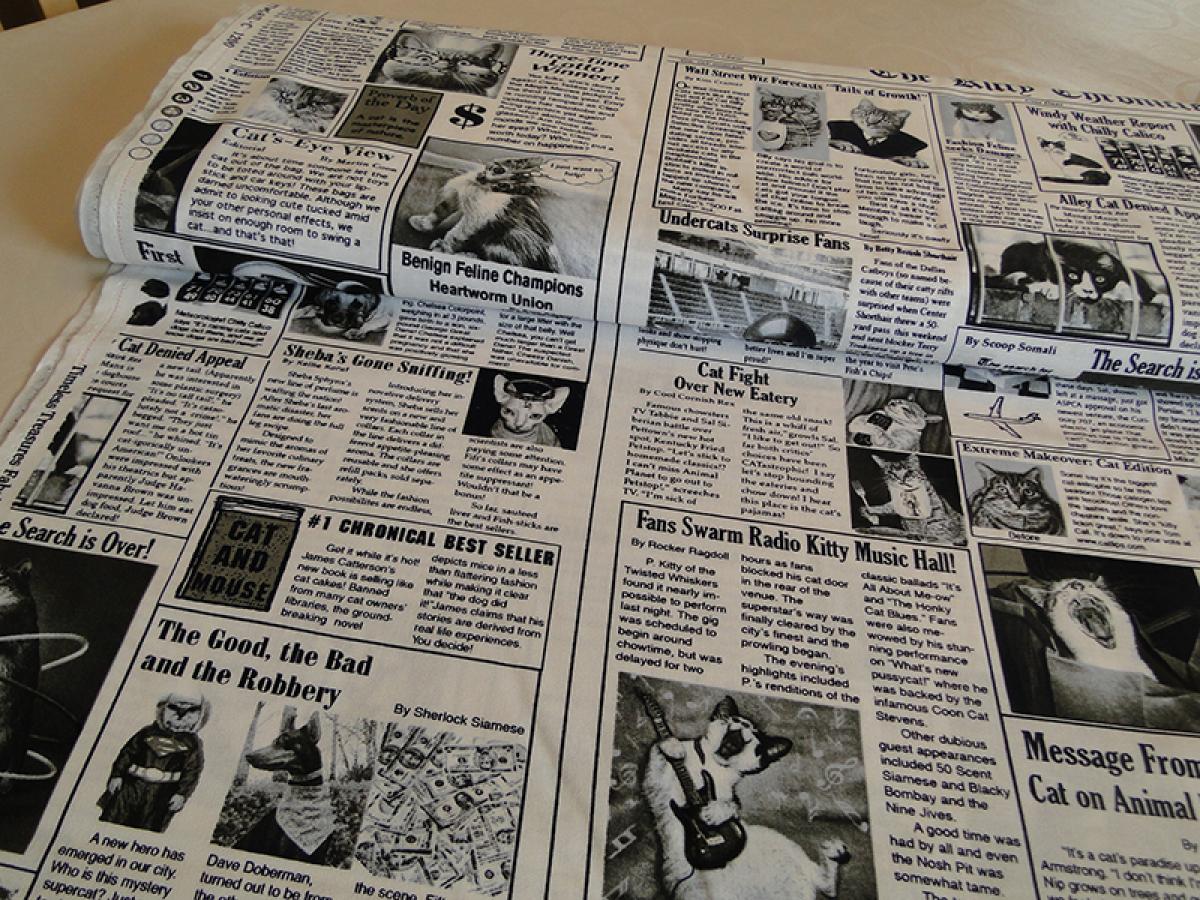 Patchworkstoff in Zeitungsoptik mit Texten und Bildern zum Thema Katzen und Katzenbesitzer.