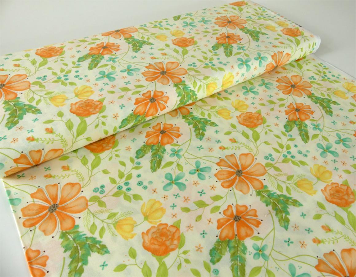 Patchworkstoff, Meterware von Moda aus der Serie Refresh. Blüten und Blätter auf ecru farbenem Untergrund.