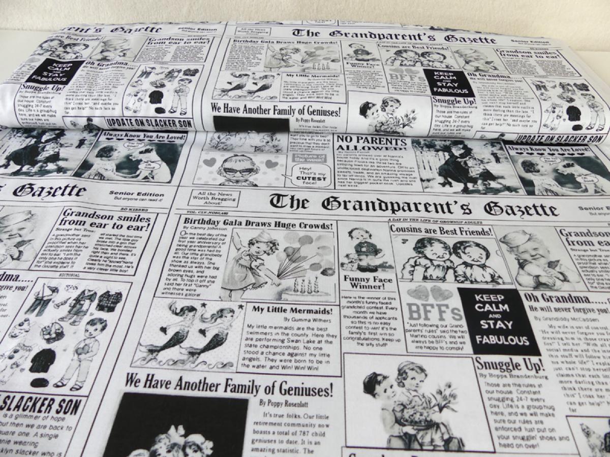 Patchworkstoff von Timeless  Treasures in Zeitungsoptik zum Thema Großeltern und Enkelkinder.