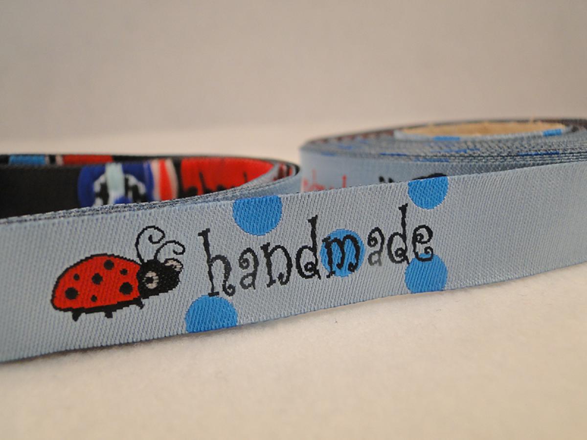 Webband Handmade blau mit Wurm, Zwerge und Marienkäfer