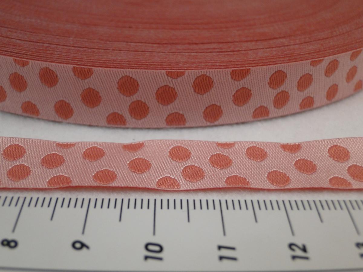 Webband rosa mit rosa Punkten Ton in Ton. Detailansicht mit Maß.